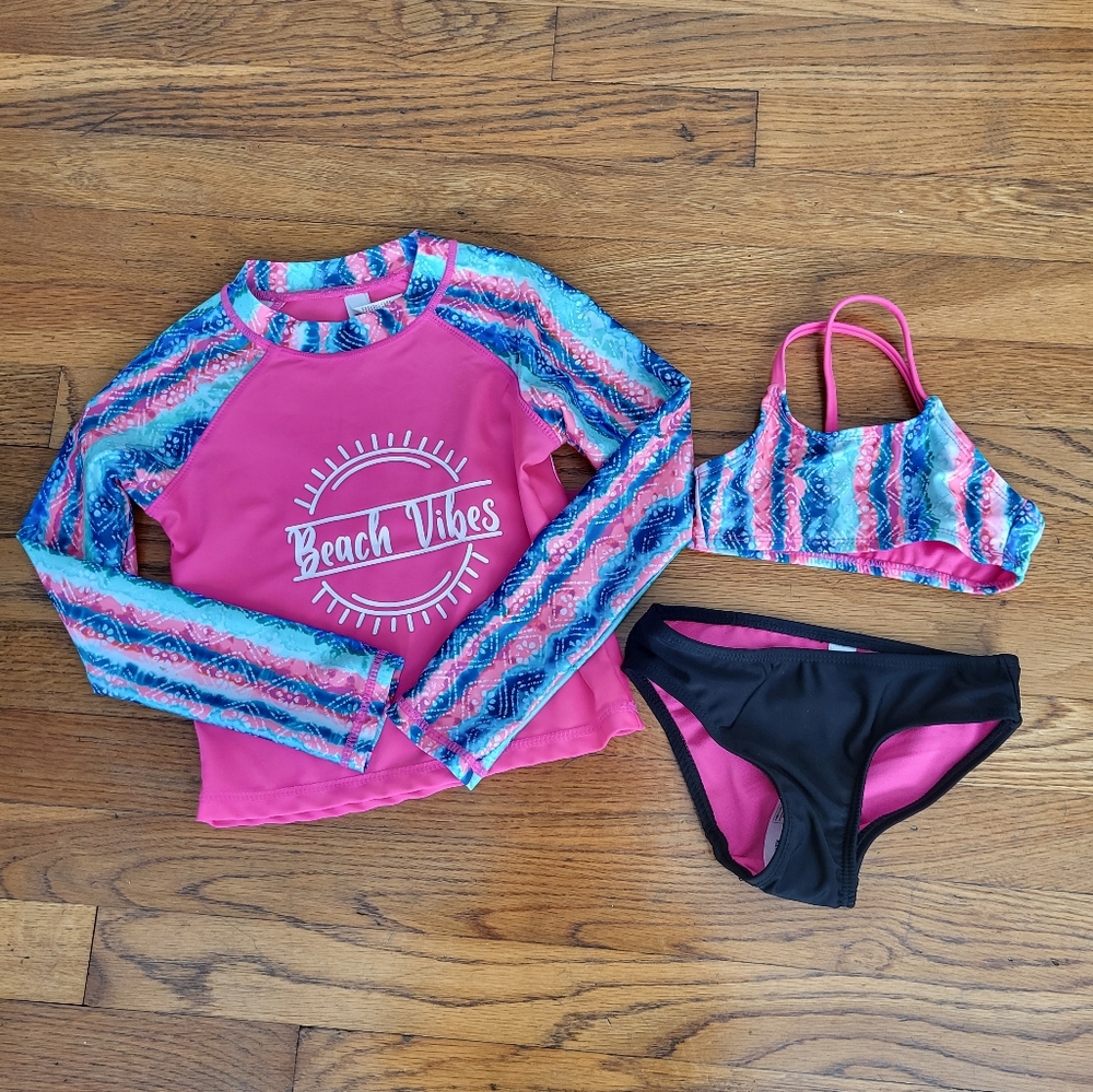 Girls 3 Piece Rashguard and Bathing‎ Swimsuit Set New Size 4/5 UPF 50+